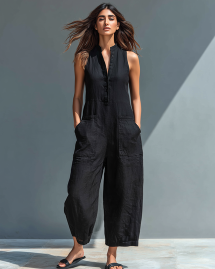 Full-length black sleeveless linen jumpsuit with relaxed silhouette