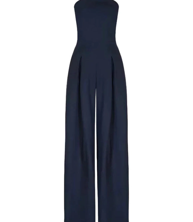 Front view of a navy strapless jumpsuit with pleated wide leg pants and clean neckline