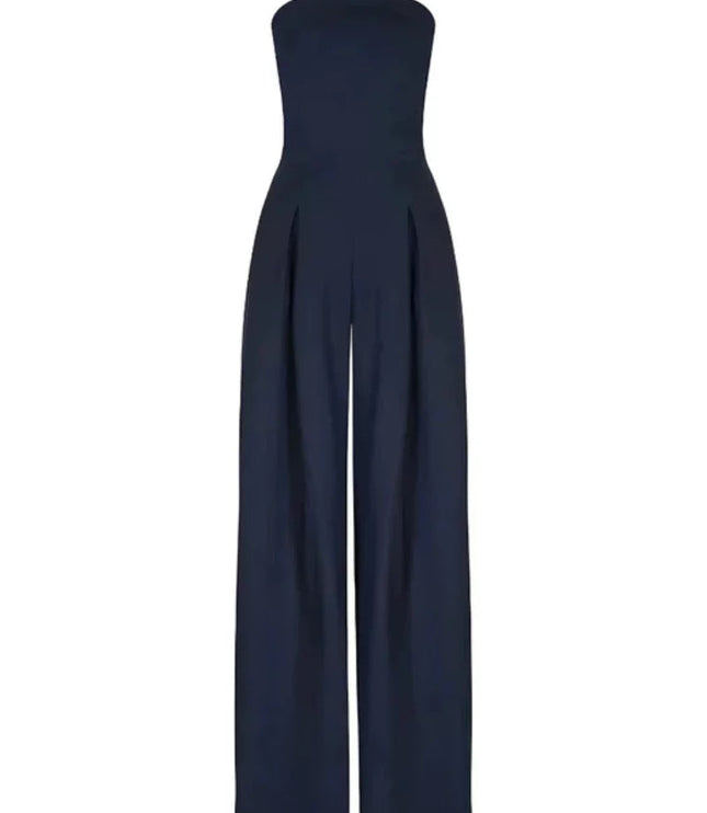 Navy wide leg strapless jumpsuit shown flat on white background with tailored bodice
