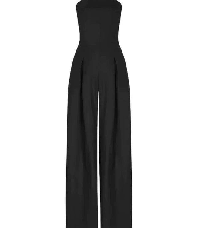 Black strapless jumpsuit front view with wide leg silhouette and structured bodice