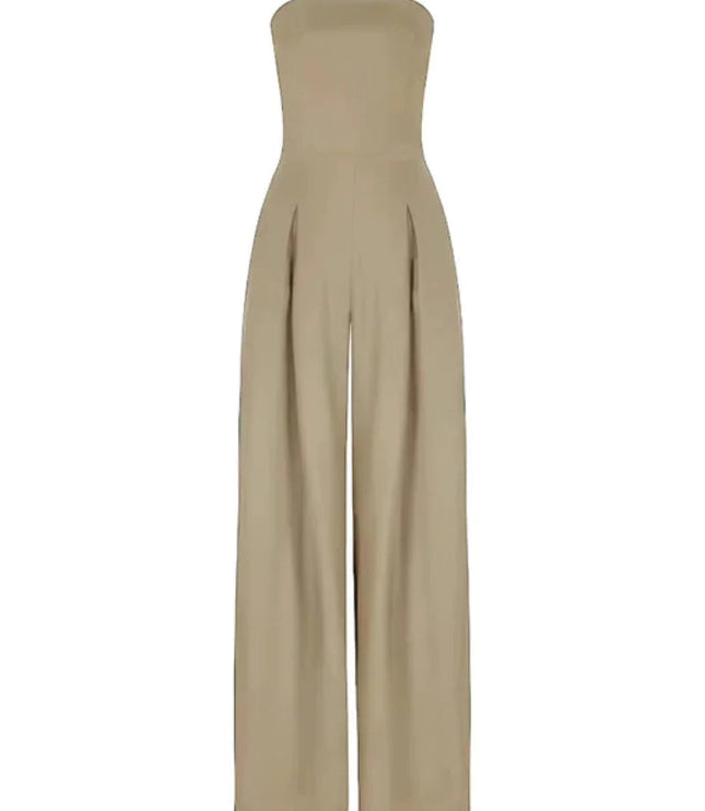 Taupe strapless wide leg jumpsuit with relaxed drape and side pockets on a model