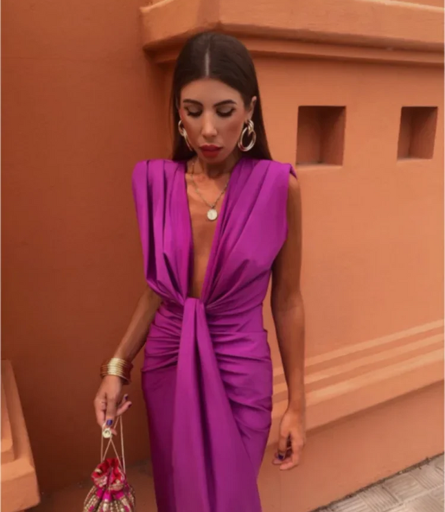 Purple deep V neck maxi dress with draped front tie and fitted skirt, women summer dress