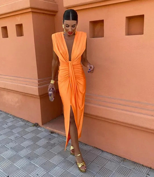 Orange deep V neck maxi dress with draped pleats and front slit, women summer dress