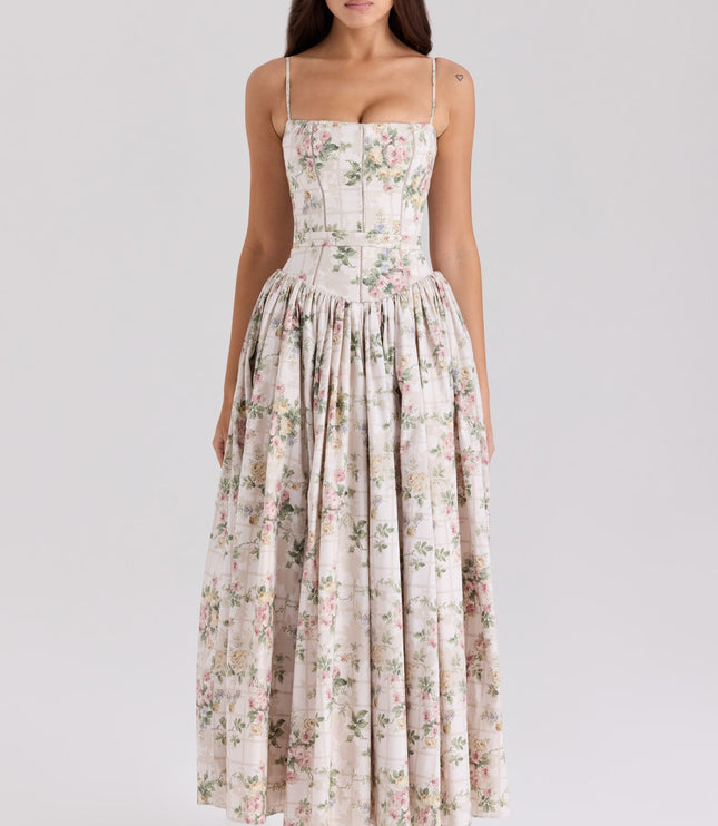 Women's summer floral corset midi dress in a white and pink rose pattern with a subtle grid design.