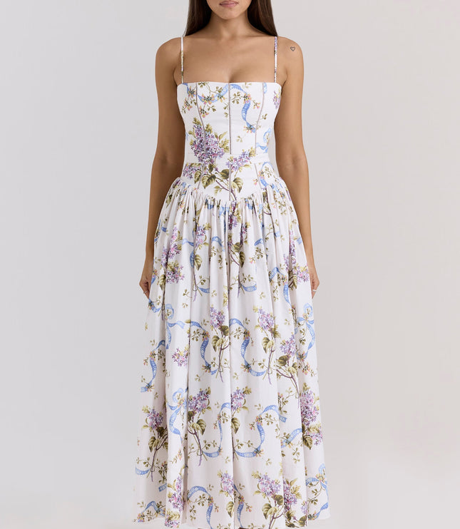Women's summer floral corset midi dress in a white base with purple flowers and blue ribbon patterns.