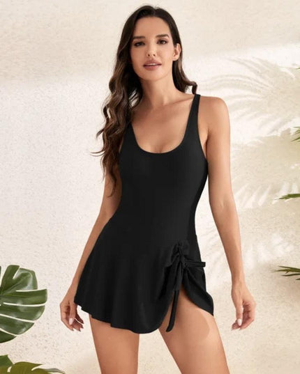 Black floral mini swimsuit dress with scoop neckline and side tie skirt