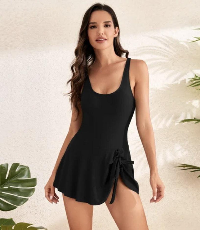 Black floral mini swimsuit dress with scoop neckline and side tie skirt