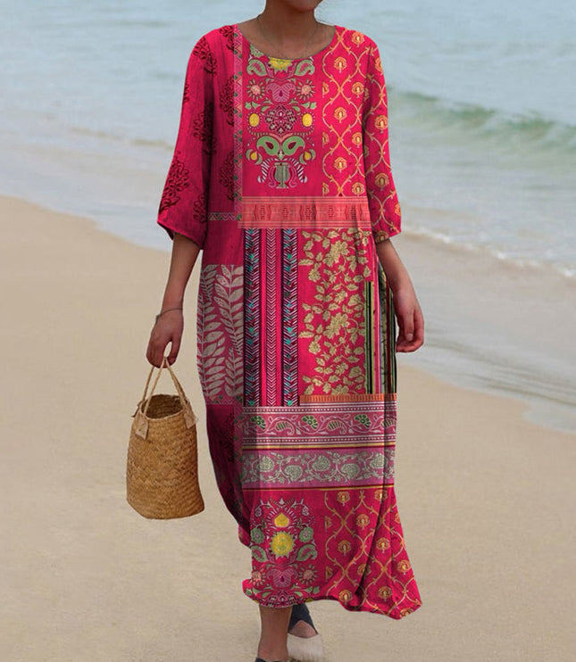 Women summer printed maxi dress in pink with long sleeves and patchwork floral pattern