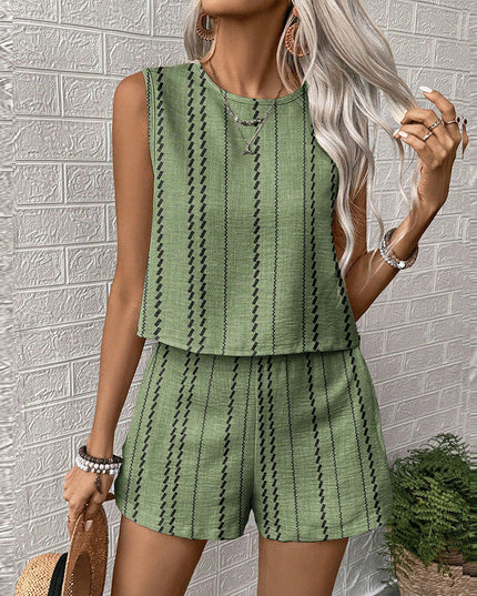 Olive green printed sleeveless top and shorts matching set with black vertical stripe pattern