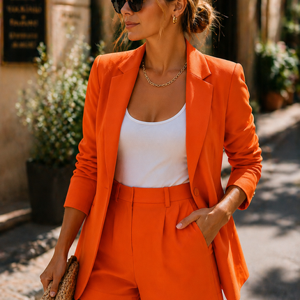 Orange women summer tailored blazer and high-waist shorts two piece set with white tank top
