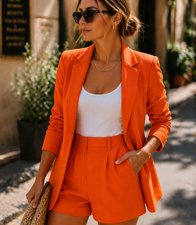 Orange women summer tailored blazer and high-waist shorts two piece set with white tank top