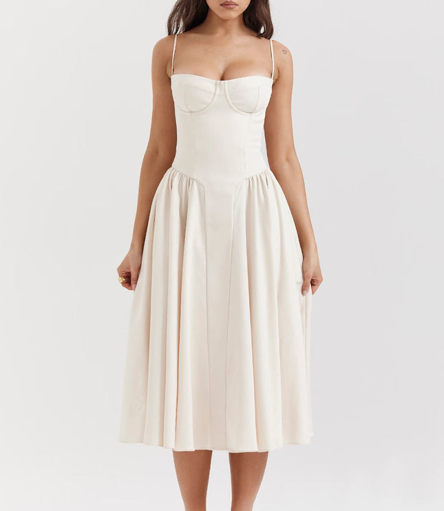 Cream corset midi dress front view with structured bustier top