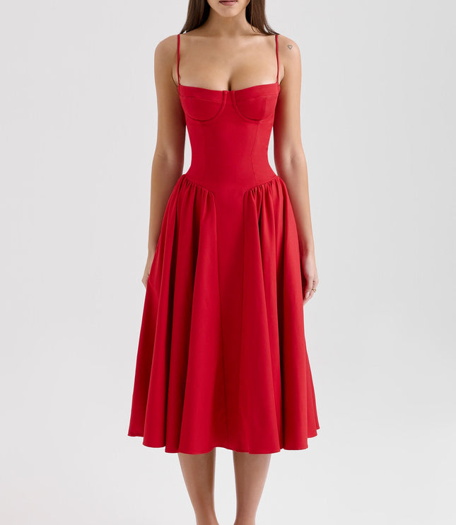 Red sweetheart corset midi dress with full gathered skirt