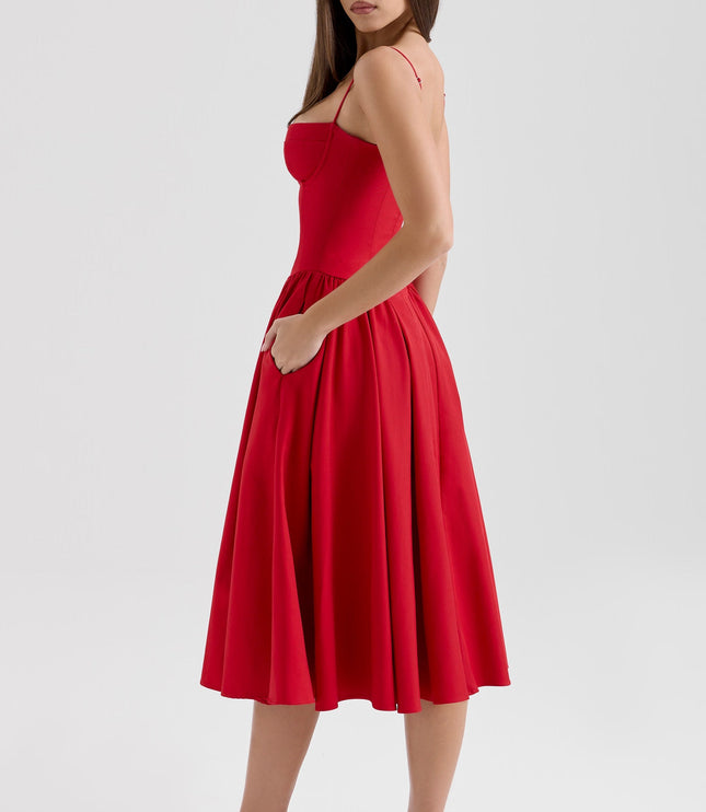 Red corset midi dress side view showing structured bodice