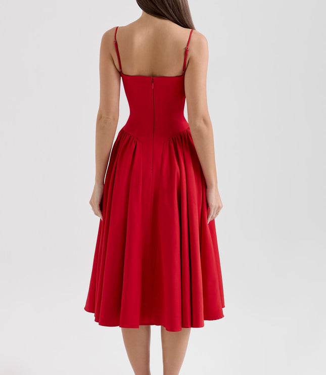 Red sweetheart corset midi dress back view with thin straps