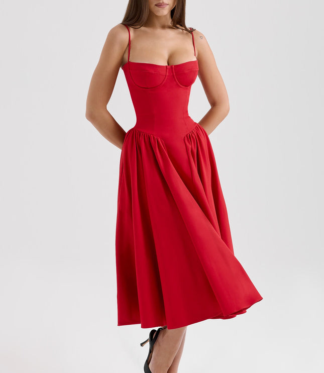 Red corset midi dress front view with fitted waist and full skirt