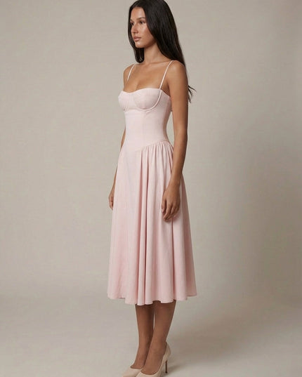 Pale pink sweetheart neckline corset midi dress side view