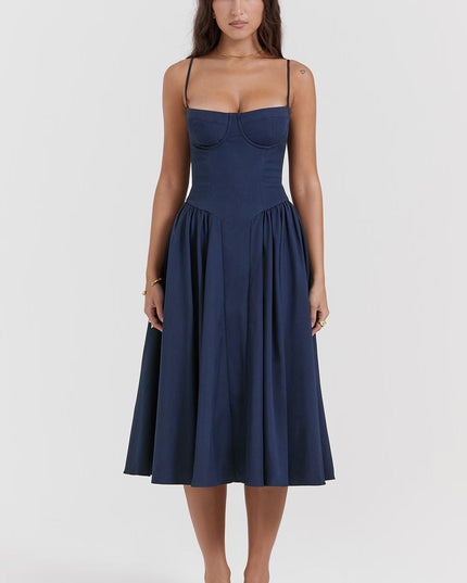 Navy blue sweetheart corset midi dress with full skirt front view