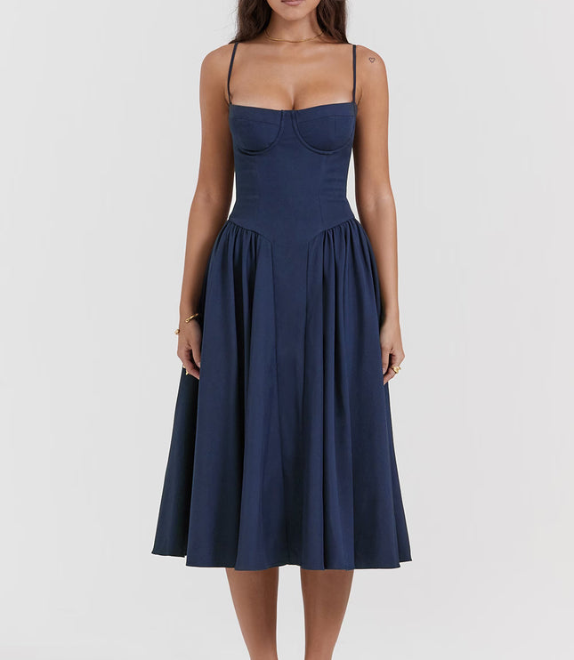 Navy blue sweetheart corset midi dress with full skirt front view