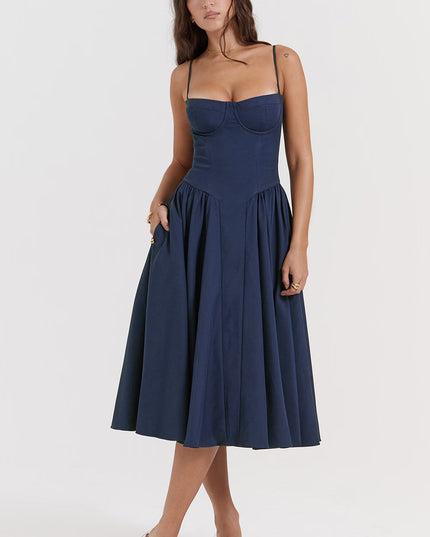 Dark navy corset midi dress with spaghetti straps and pleated skirt