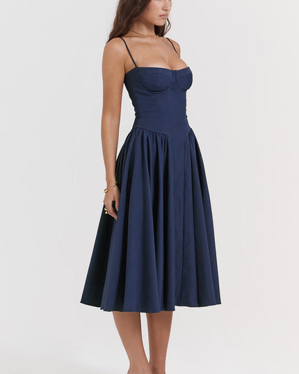Navy sweetheart corset midi dress side profile view