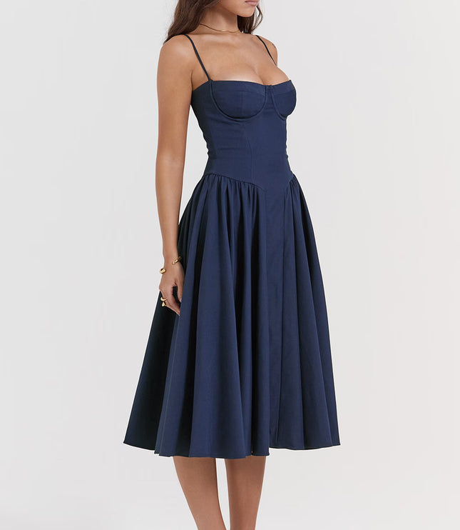Navy sweetheart corset midi dress side profile view