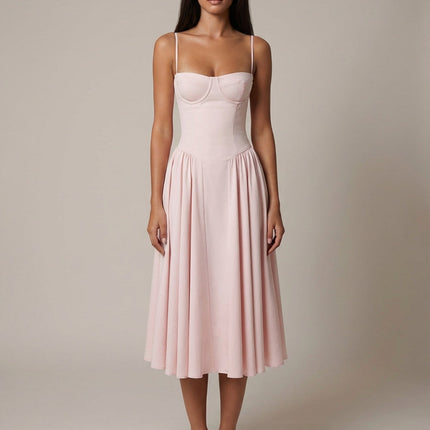 Blush pink sweetheart corset midi dress with spaghetti straps and full skirt