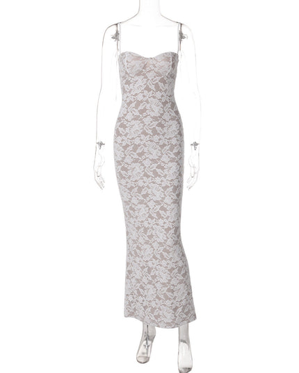 Front studio shot of a women's white lace spaghetti strap midi dress on a mannequin, highlighting the sweetheart neckline and fitted design.