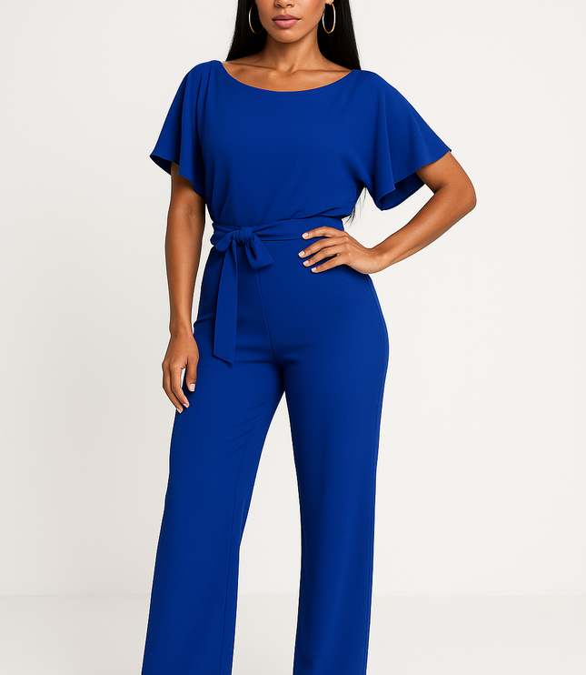 Royal blue wide leg jumpsuit with flutter sleeves, boat neck, and tied waist belt