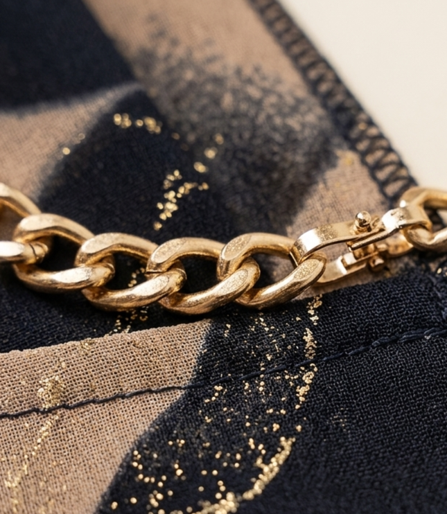 Close-up of abstract print maxi dress fabric showing black and beige pattern with gold chain belt