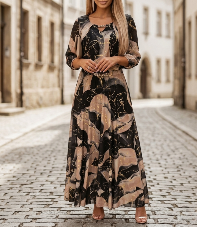 Women's abstract print V neck maxi dress in black and beige, front view with long sleeves and belted waist