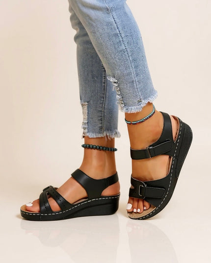 Black adjustable wedge platform sandals with buckle straps and white stitching
