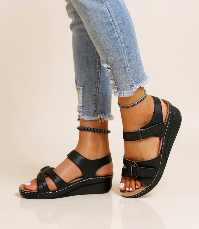 Black adjustable wedge platform sandals with buckle straps and white stitching