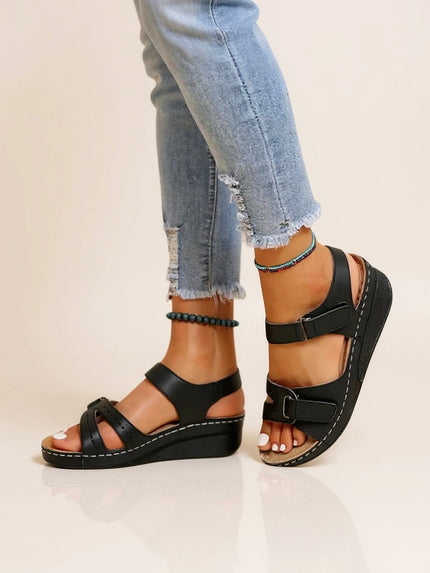 Black adjustable wedge platform sandals with buckle straps and white stitching