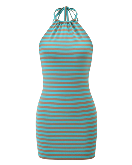 Vestido mini de fiesta cóctel para mujer en satén aqua con fruncido