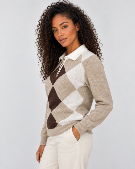 Women's Argyle Knitwear Jumper with Polo Collar