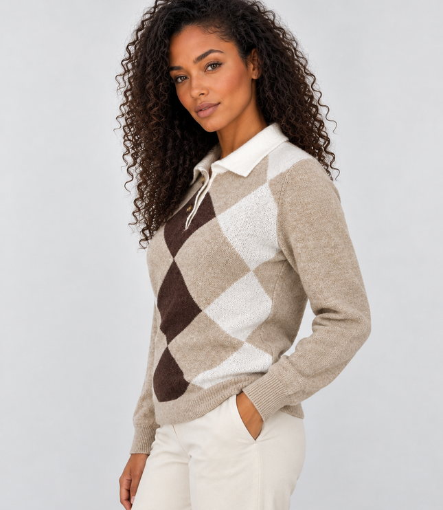 Women's Argyle Knitwear Jumper with Polo Collar