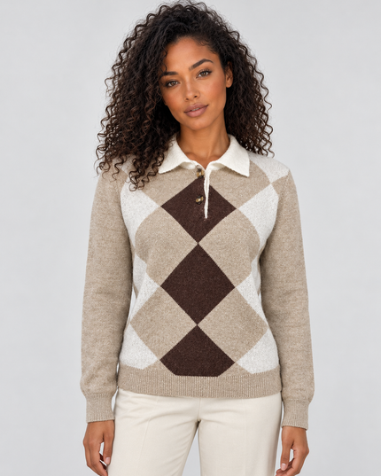 Women's Argyle Knitwear Jumper with Polo Collar