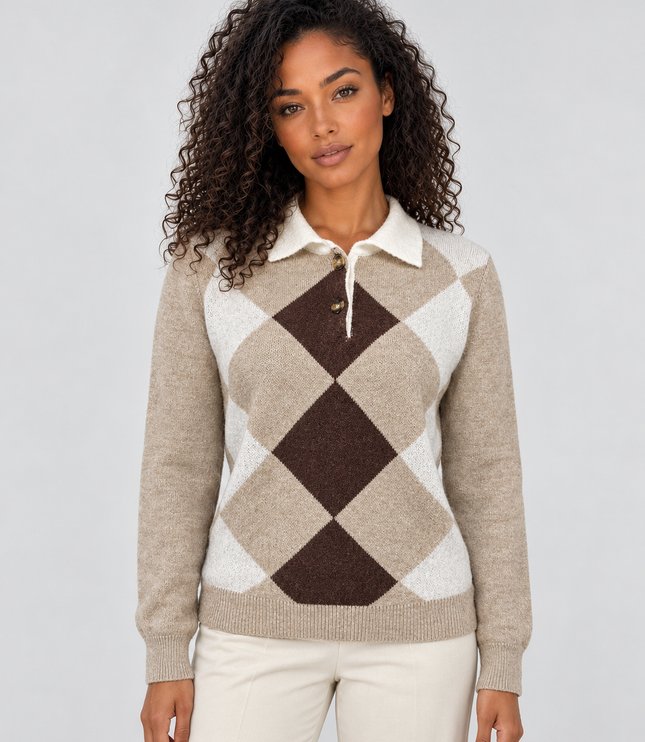 Women's Argyle Knitwear Jumper with Polo Collar