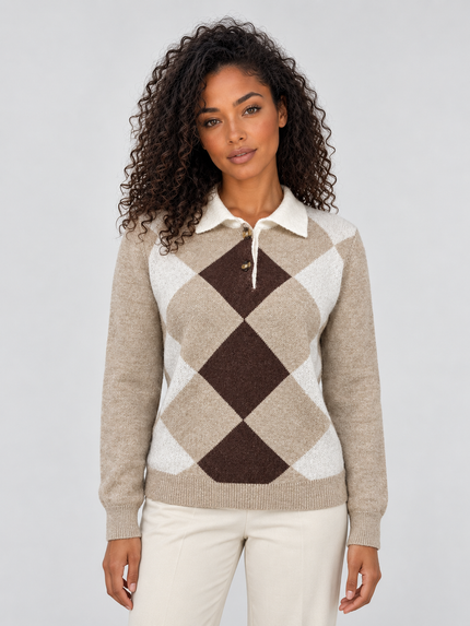 Women's Argyle Knitwear Jumper with Polo Collar