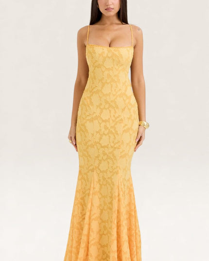Front view of golden yellow jacquard maxi dress with square neckline