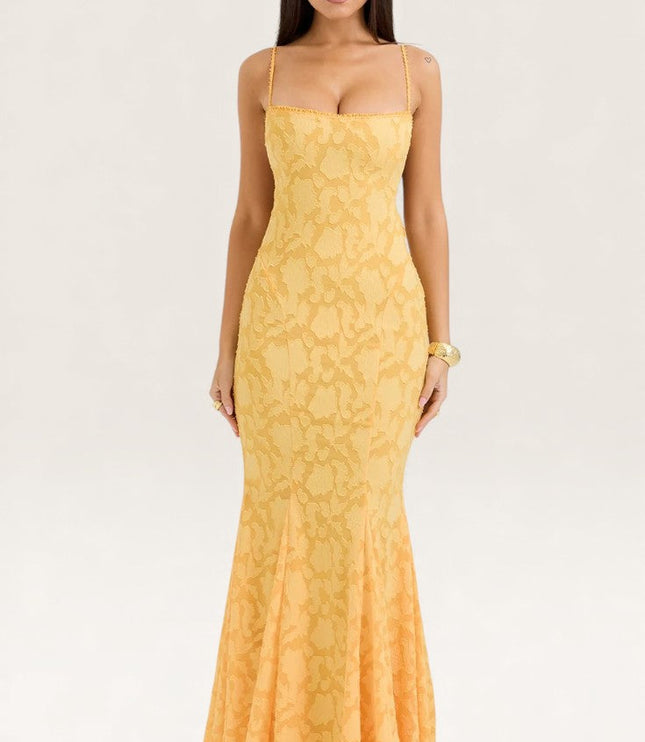 Front view of golden yellow jacquard maxi dress with square neckline