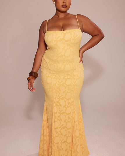Plus size yellow jacquard square neck maxi dress with fitted silhouette