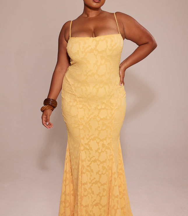 Plus size yellow jacquard square neck maxi dress with fitted silhouette
