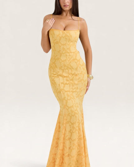 Yellow jacquard square neck maxi dress with spaghetti straps and fitted bodice