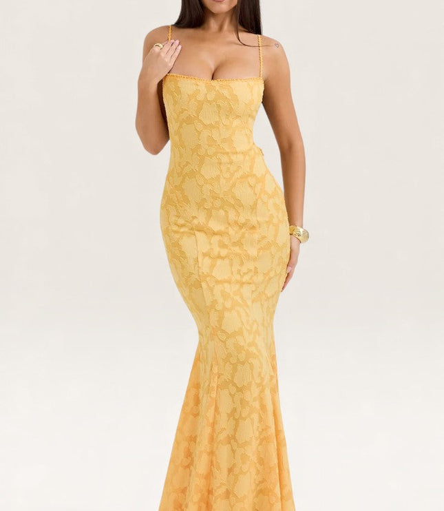 Yellow jacquard square neck maxi dress with spaghetti straps and fitted bodice