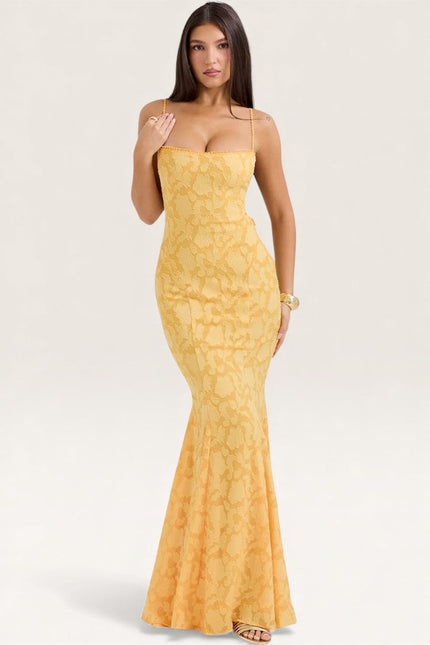 Yellow jacquard square neck maxi dress with spaghetti straps and fitted bodice