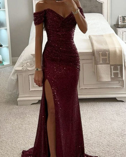 Women's Bardot Ruched Slit Maxi Sequin Dress