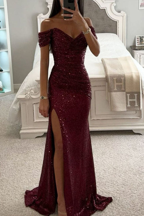 Women's Bardot Ruched Slit Maxi Sequin Dress