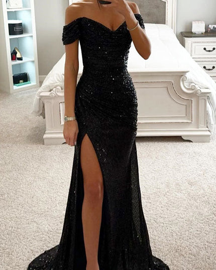 Women's Bardot Ruched Slit Maxi Sequin Dress